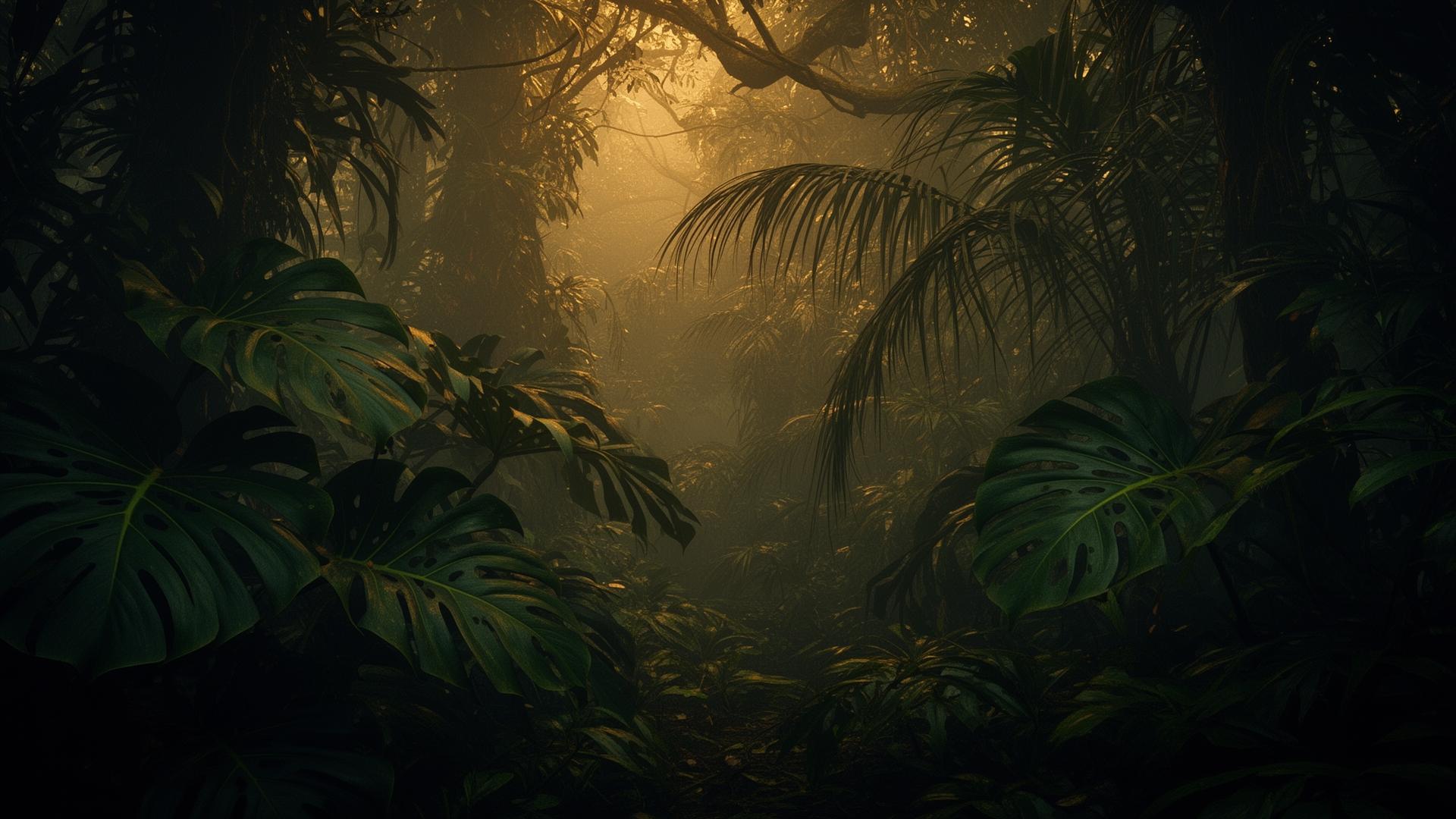Donkere jungle met monstera bladeren en gouden licht
